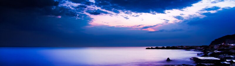 Coastal Rocks at Dusk — Blue, Serene, Sunset, Photograph, Sky
