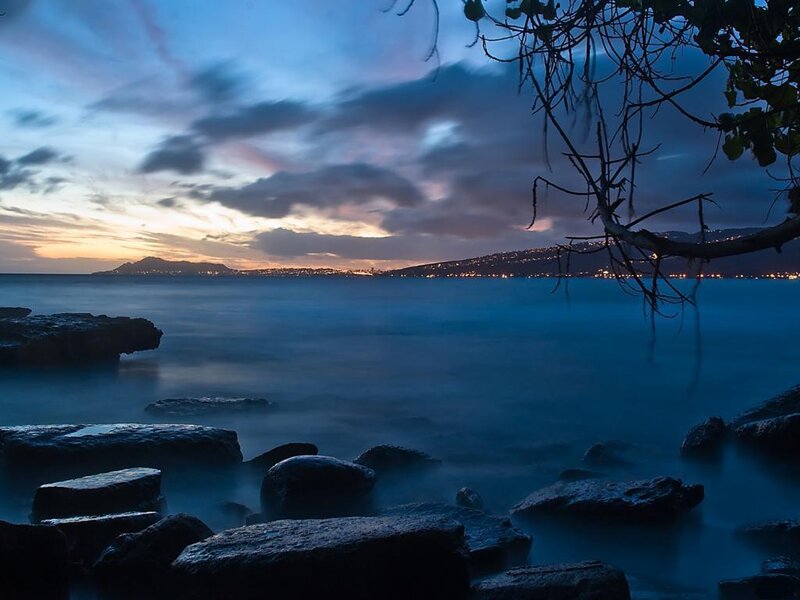 Coastal Rocks at Dusk — Blue, Serene, Sunset