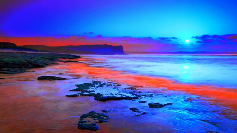 Coastal Rocks at Sunset — Blue, Dramatic, Photograph, Ocean, Cliff