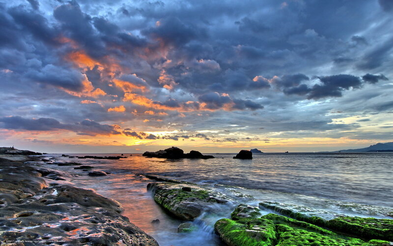 Coastal Rocks at Sunset — Blue, Dramatic, Photograph, Ocean, Clouds