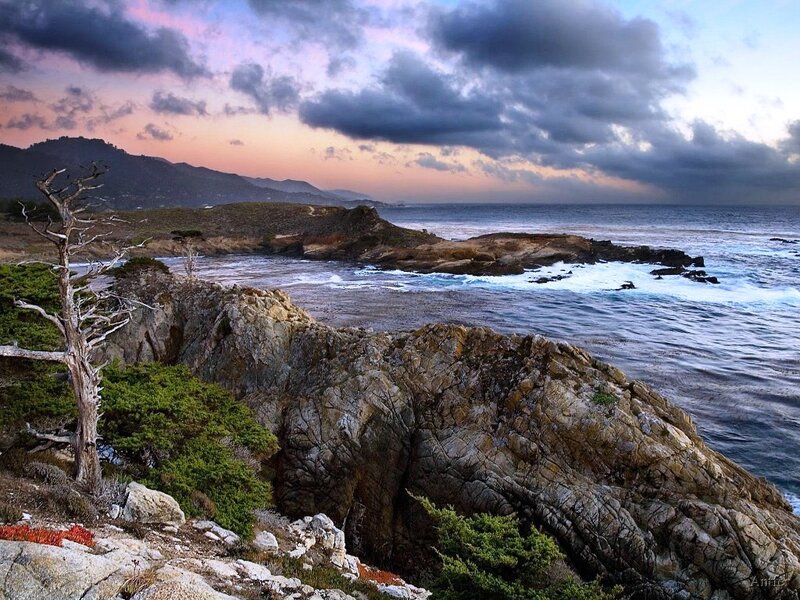 Coastal Rocks at Sunset — Blue, Dramatic, Photograph, Ocean, Mountains