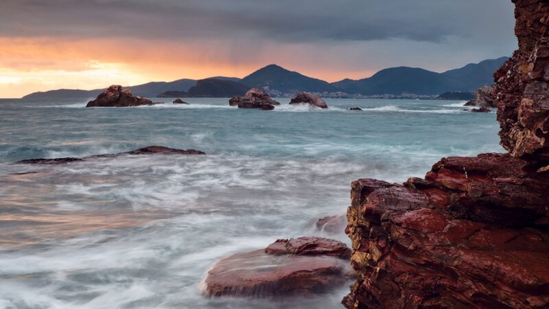 Coastal Rocks at Sunset — Blue, Dramatic, Photograph