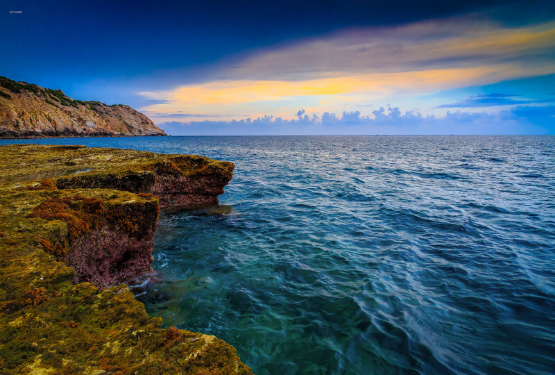 Coastal Rocks at Sunset — Blue, Serene, Photograph, Ocean, Cliff