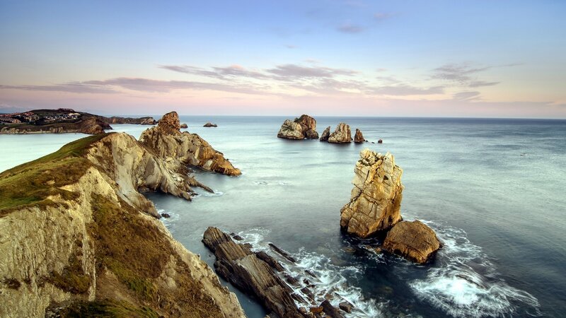 Coastal Rocks at Sunset — Blue, Serene, Photograph, Ocean, Cliffs