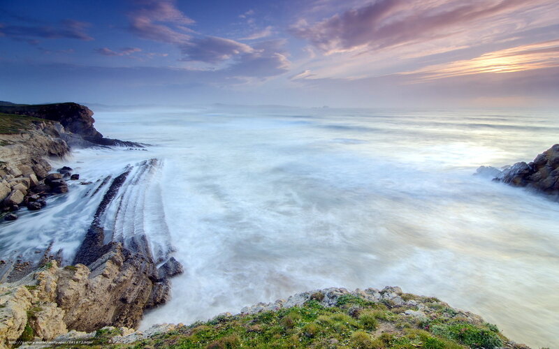 Coastal Rocks at Sunset — Blue, Serene, Photograph, Ocean, Sky, Cliffs