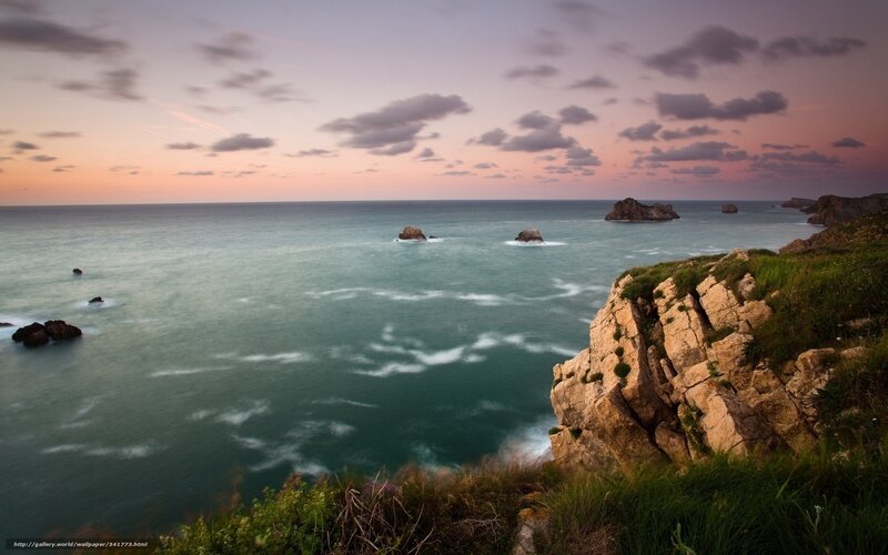 Coastal Rocks at Sunset — Blue, Serene, Photograph, Ocean, Sky, Grass