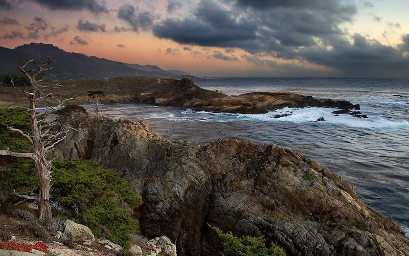 Coastal Rocks at Sunset — Gray, Dramatic, Photograph, Ocean, Mountains, Dead Tree