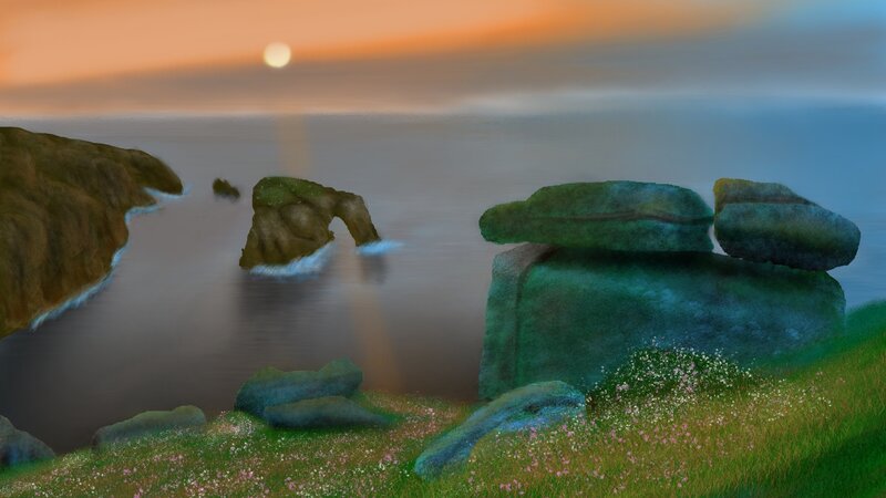 Coastal Rocks at Sunset — Green, Serene
