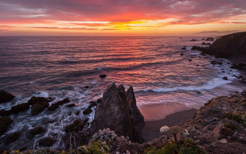 Coastal Rocks at Sunset — Orange, Dramatic, Photograph, Ocean, Sky, Beach