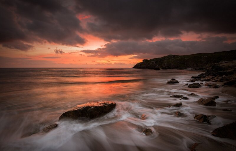 Coastal Rocks at Sunset — Orange, Dramatic, Photograph, Ocean, Sky, Cliffs