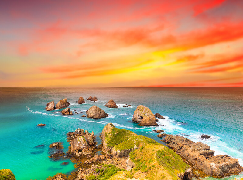 Coastal Rocks at Sunset — Orange, Dramatic, Photograph, Ocean, Sky