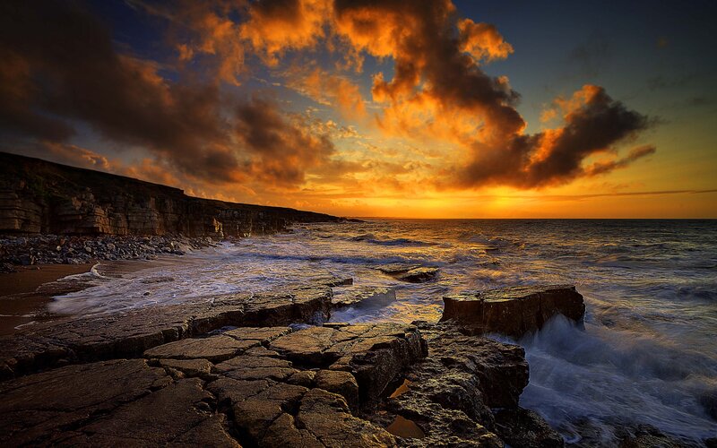 Coastal Rocks at Sunset — Orange, Dramatic, Photograph, Ocean