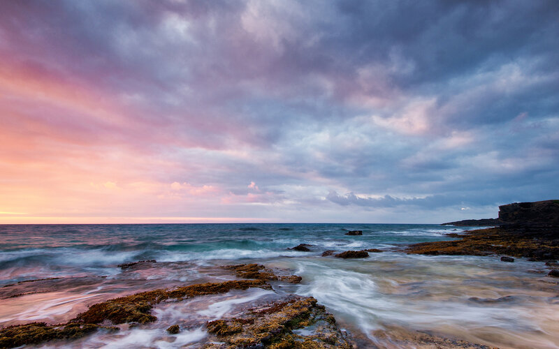 Coastal Rocks at Sunset — Pink, Dramatic
