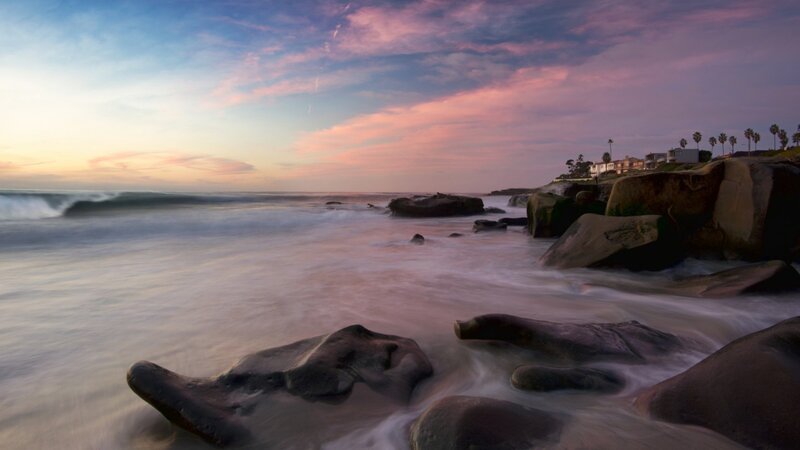 Coastal Rocks at Sunset — Pink, Serene, Photograph