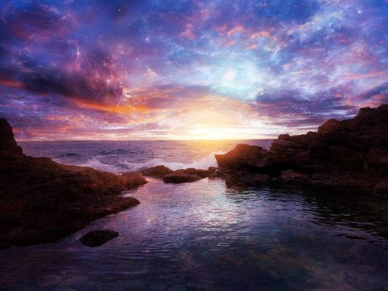 Coastal Rocks at Sunset — Purple, Dramatic, Digital Art