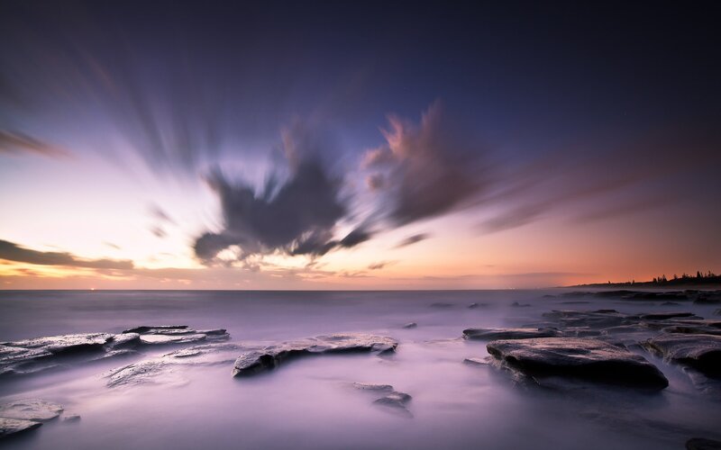 Coastal Rocks at Sunset — Purple, Dramatic, Photograph, Ocean, Clouds, Sky