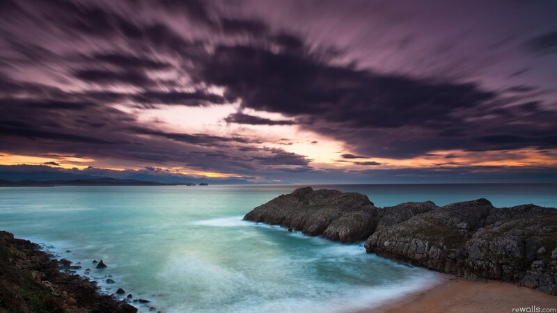 Coastal Rocks at Sunset — Purple, Dramatic, Photograph, Ocean, Sky, Blue