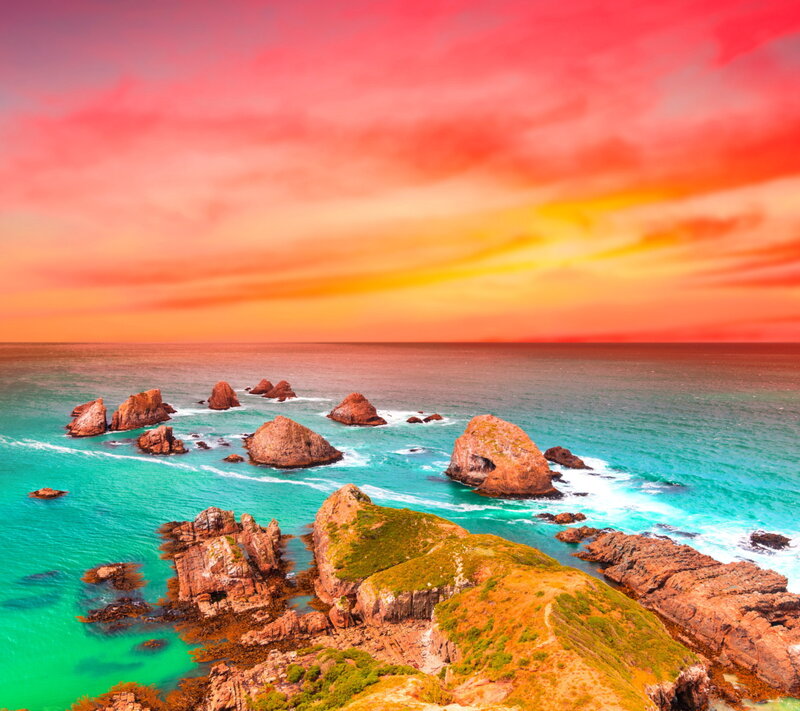 Coastal Rocks at Sunset — Red, Dramatic