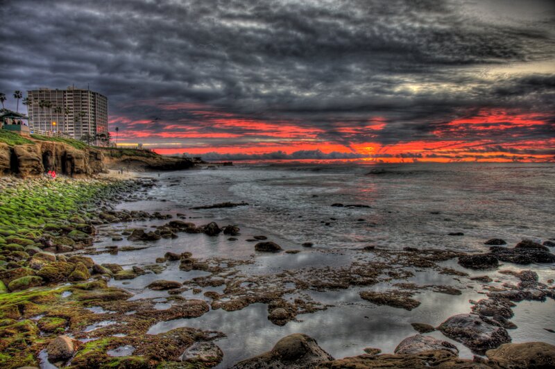 Coastal Rocks at Sunset — Red