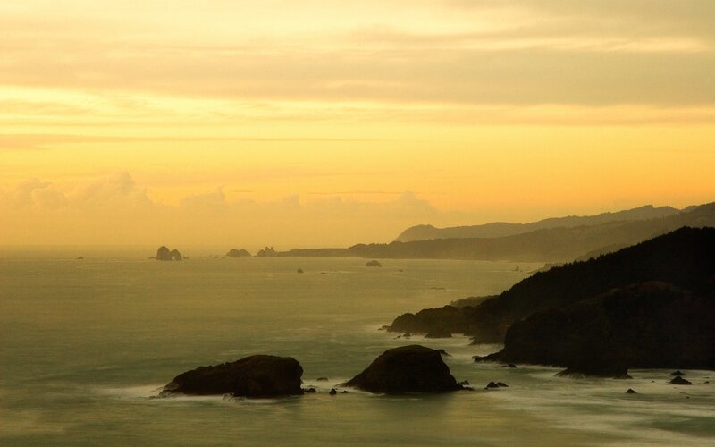 Coastal Rocks at Sunset — Yellow, Serene, Photograph