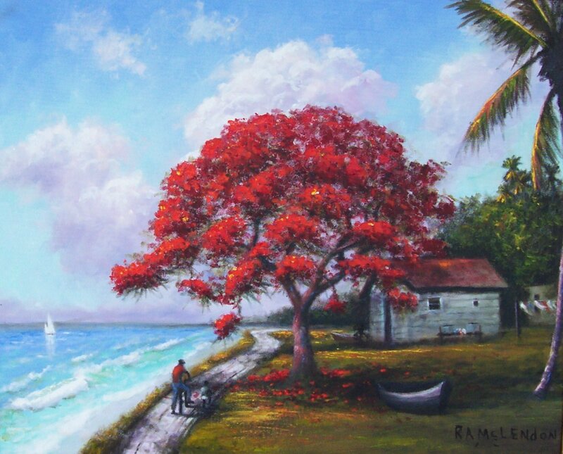 Coastal scene with red tree