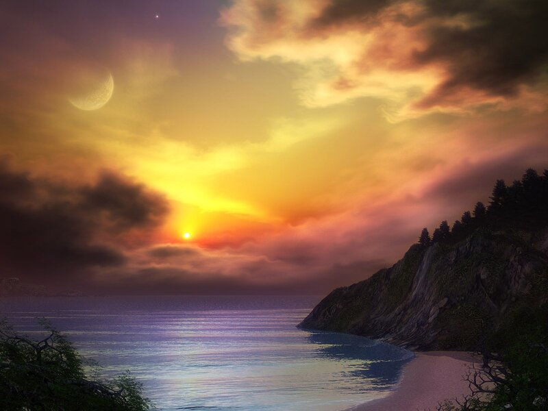 Coastal Sunset Scene — Yellow, Dramatic