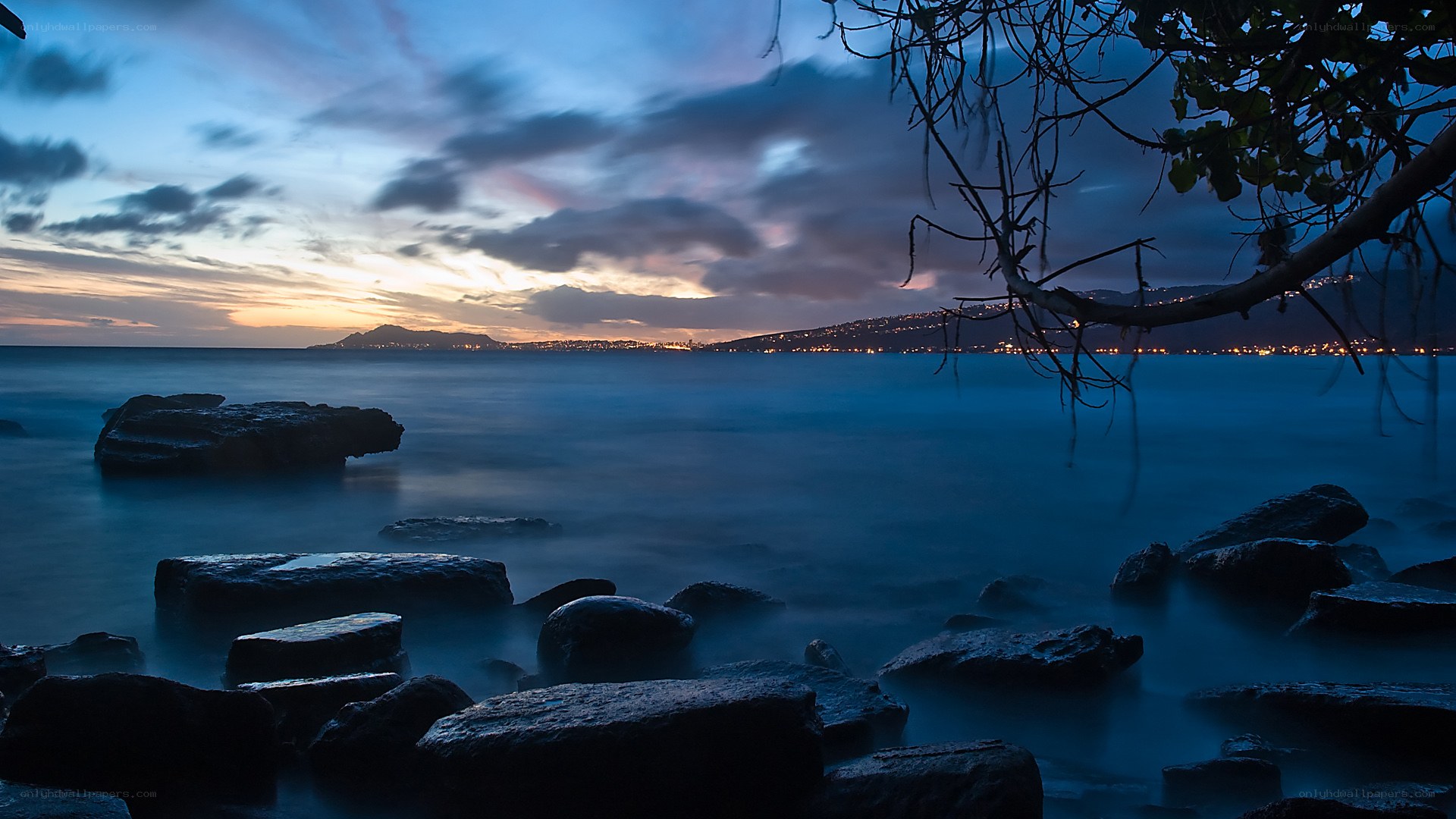coastal sunset with city lights