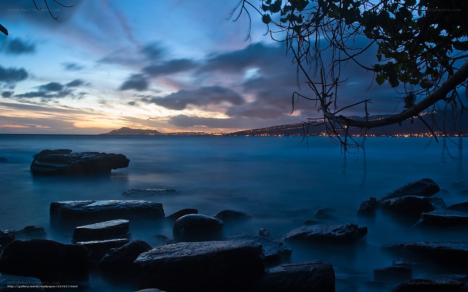 coastal sunset with city lights