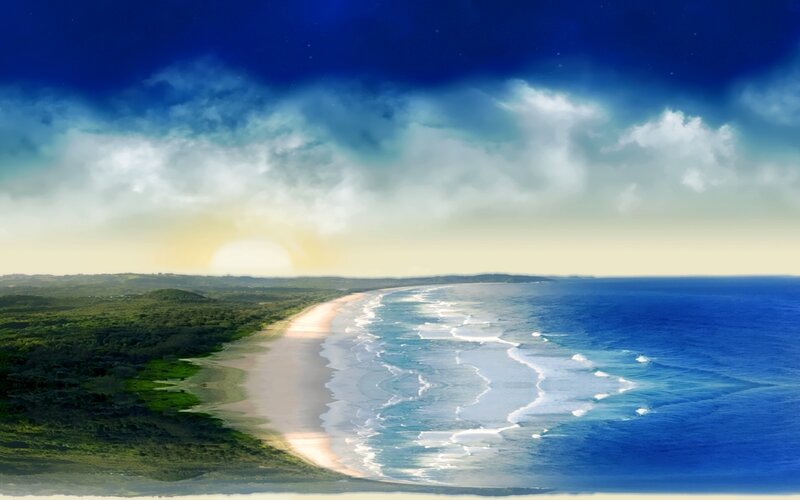 Coastal sunset with green hills