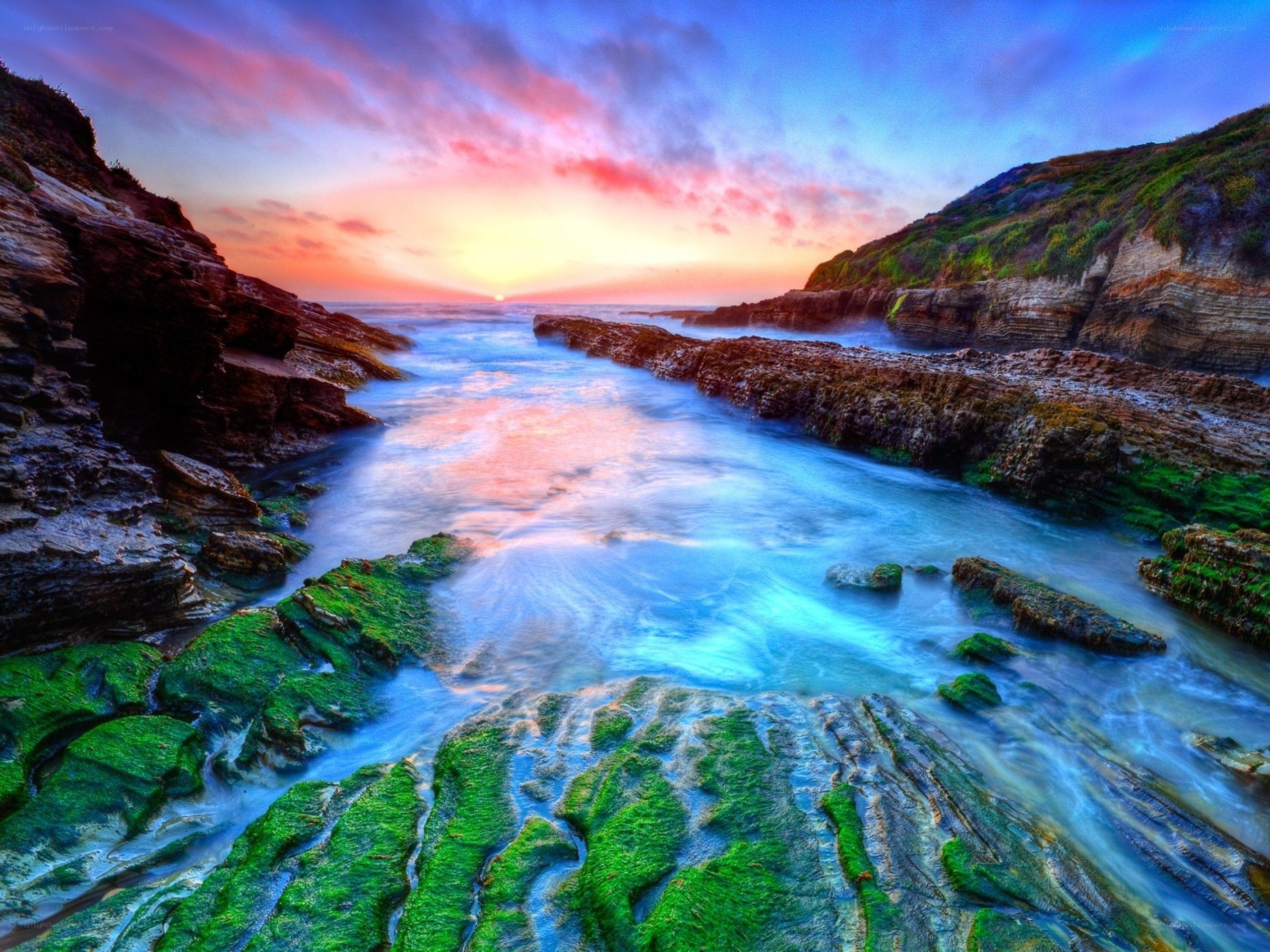 Coastal sunset with green rocks