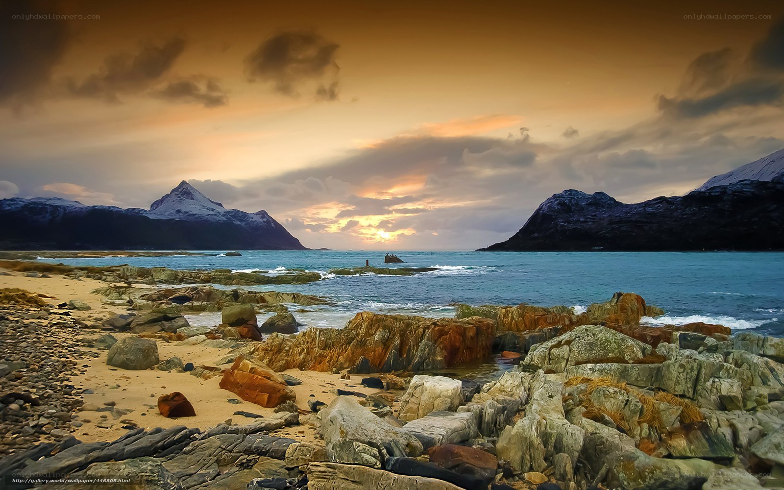coastal sunset with mountains