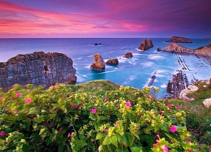Coastal sunset with sea stacks