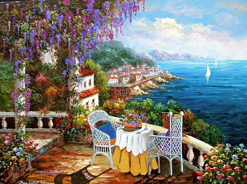 Coastal Terrace with Table — Blue
