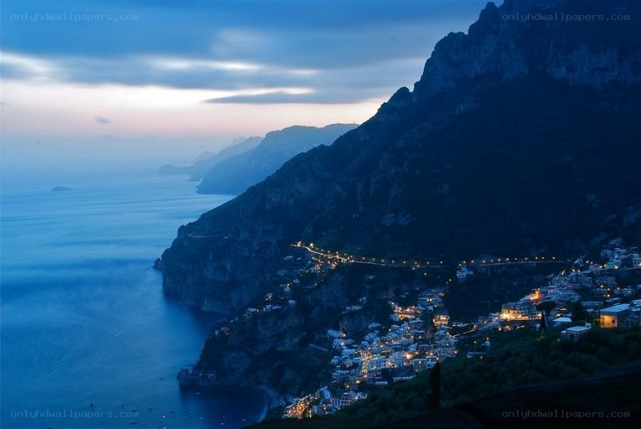 coastal town at dusk