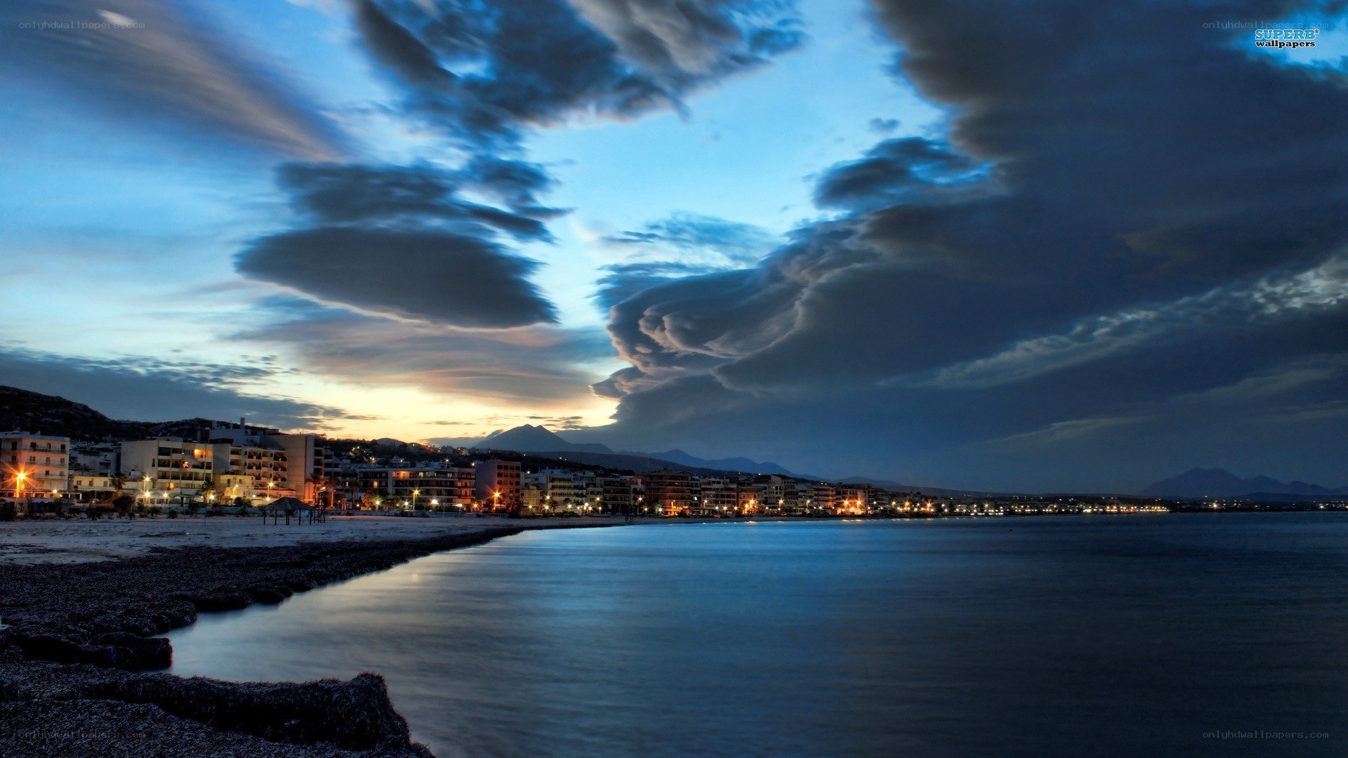 coastal town at dusk