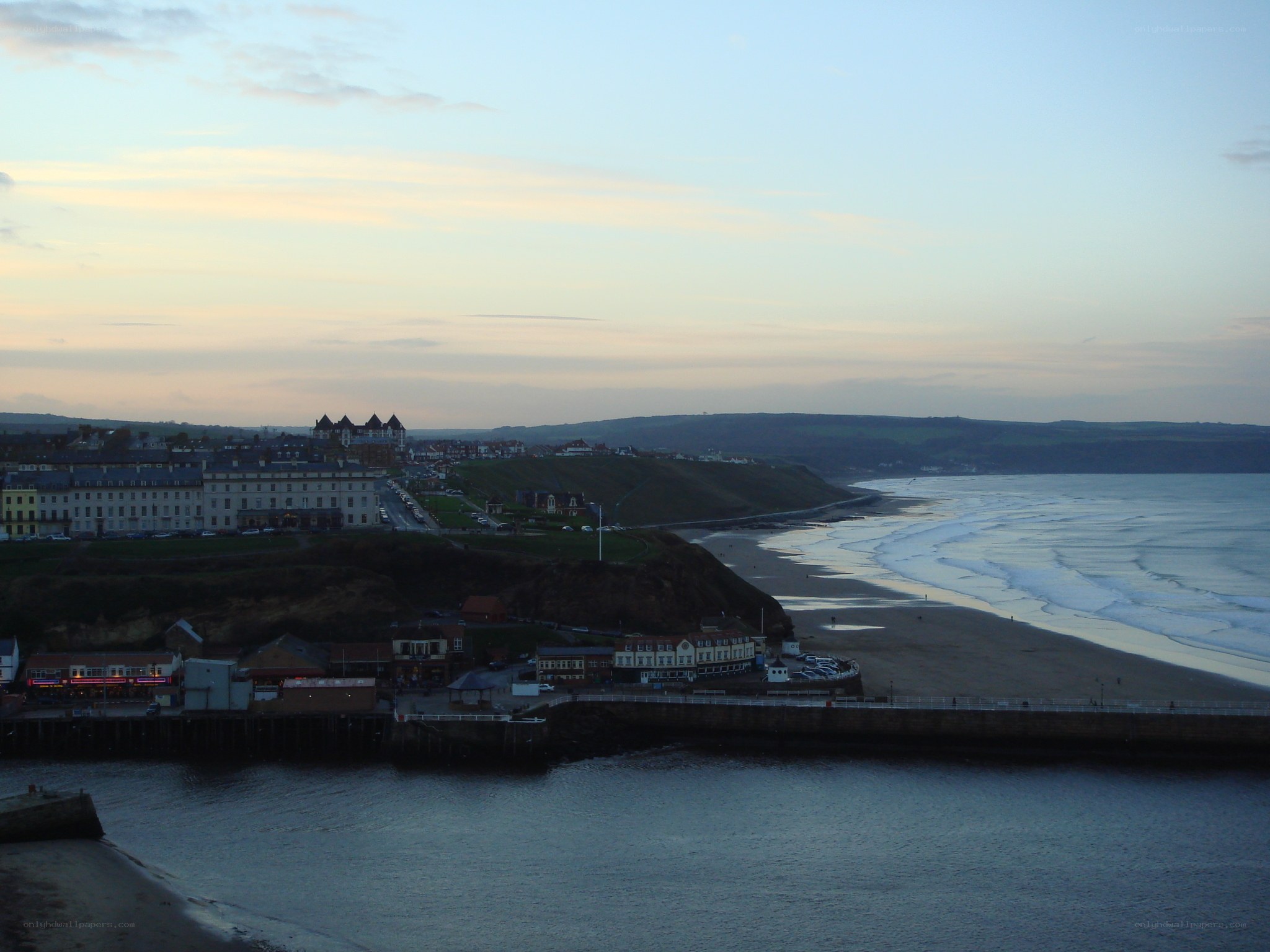 coastal town at dusk