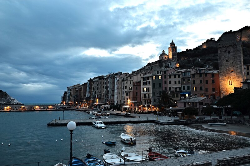 Coastal Town at Dusk — Blue, Dramatic, Night, Photograph, Boats