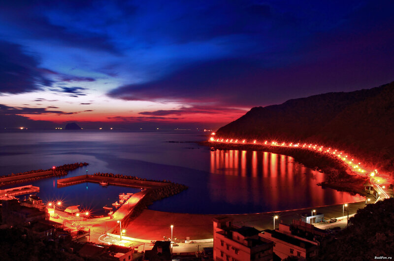 Coastal Town at Dusk — Blue, Dramatic, Night, Photograph