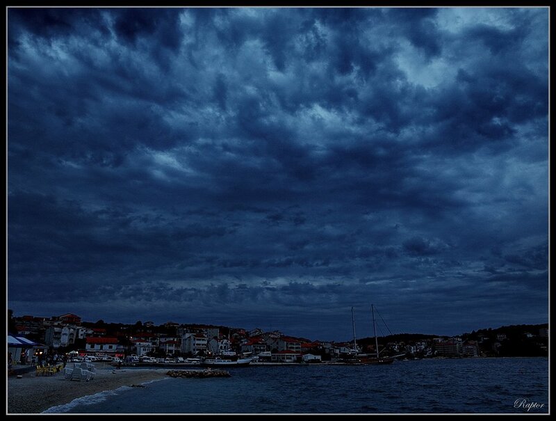 Coastal Town at Dusk — Blue, Dramatic, Night