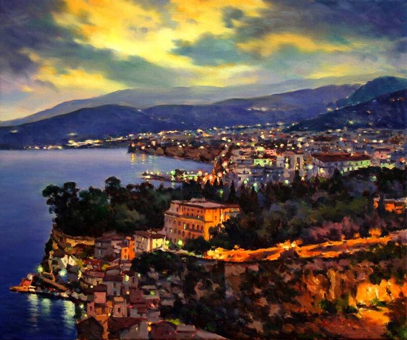 Coastal Town at Dusk — Blue, Dramatic, Sunset, Painting