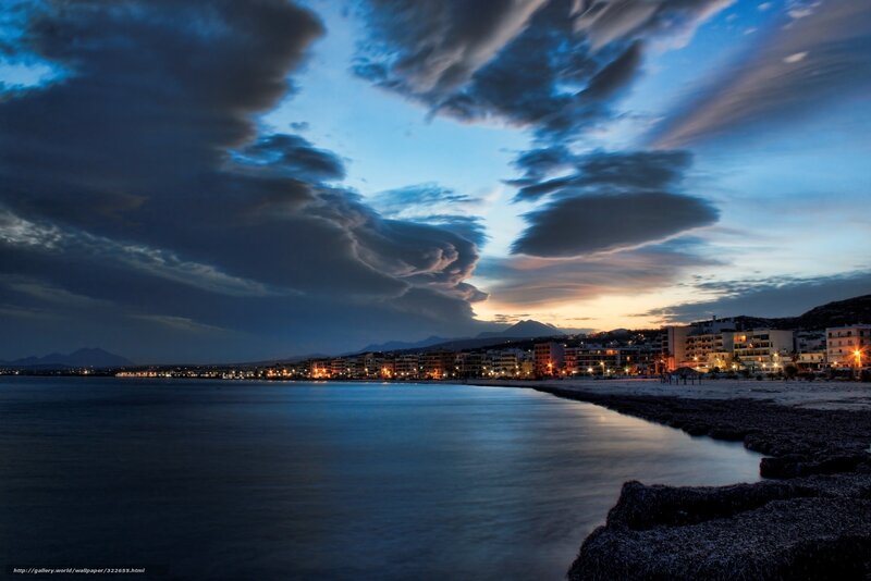 Coastal Town at Dusk — Blue, Dramatic, Sunset, Photograph, Beach
