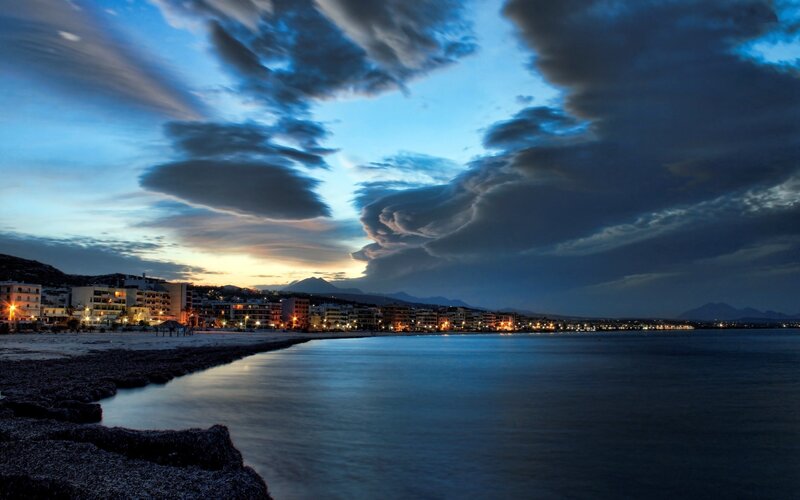 Coastal Town at Dusk — Blue, Dramatic, Sunset