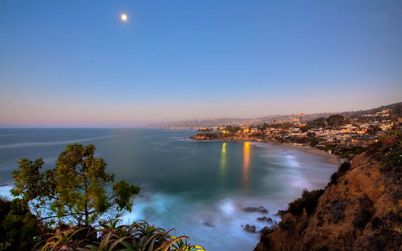 Coastal Town at Dusk — Blue, Serene, Night, Photograph, Moon, Ocean