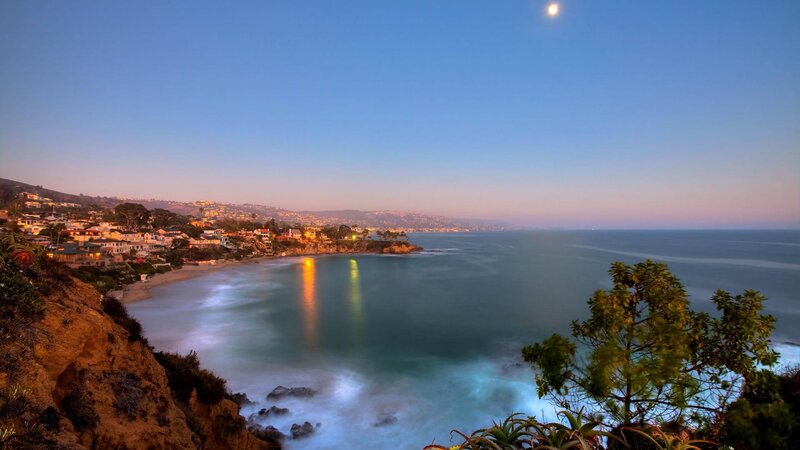 Coastal Town at Dusk — Blue, Serene, Night, Photograph, Moon