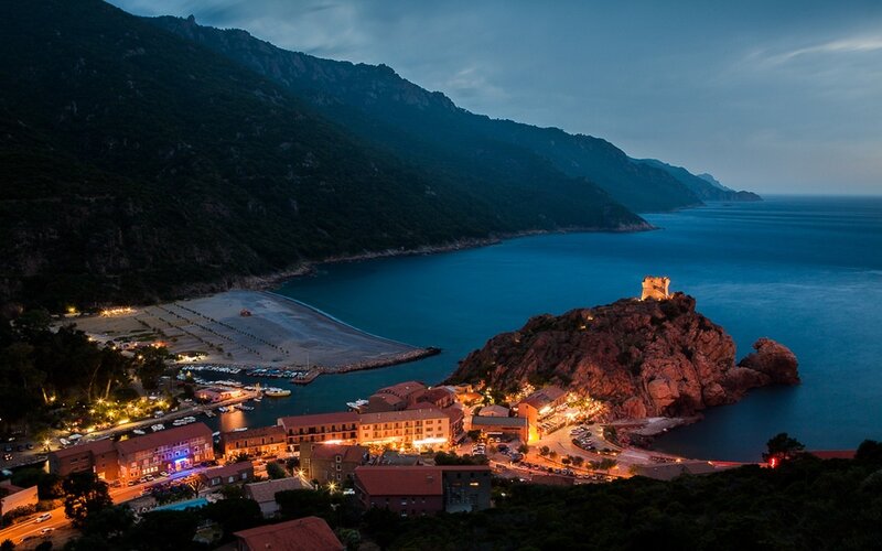 Coastal Town at Dusk — Blue, Serene, Night, Photograph, Mountain