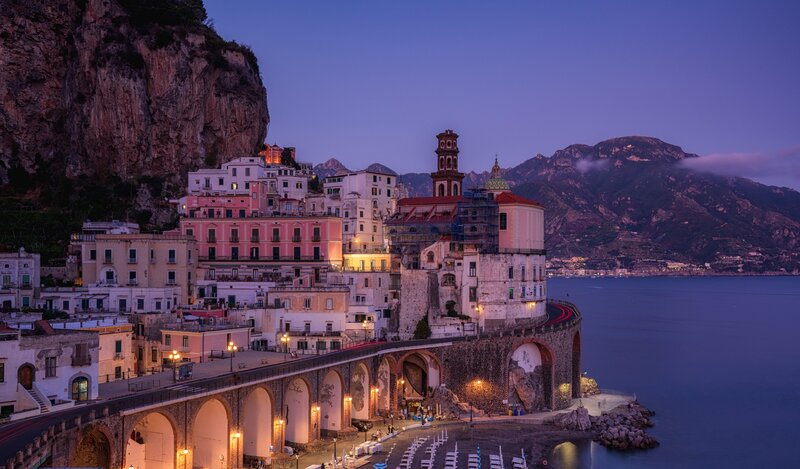 Coastal Town at Dusk — Blue, Serene, Night, Photograph, Mountains