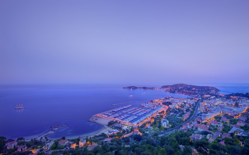 Coastal Town at Dusk — Blue, Serene, Night