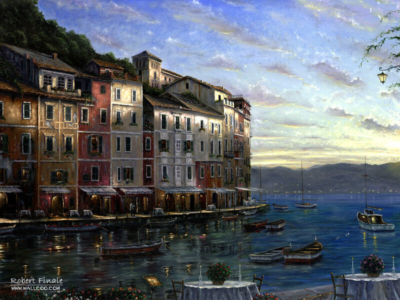 Coastal Town at Dusk — Blue, Serene, Sunset, Painting, Boats