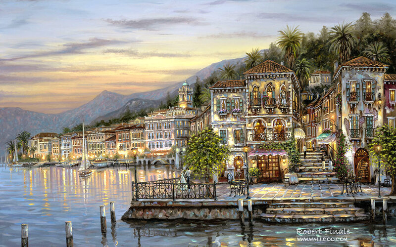 Coastal Town at Dusk — Blue, Serene, Sunset, Painting, Buildings