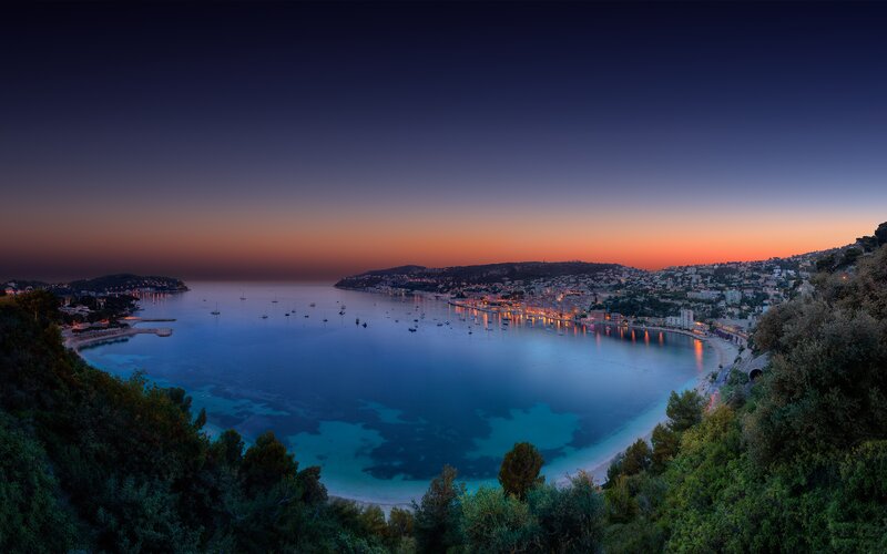 Coastal Town at Dusk — Blue, Serene, Sunset, Photograph, Bay